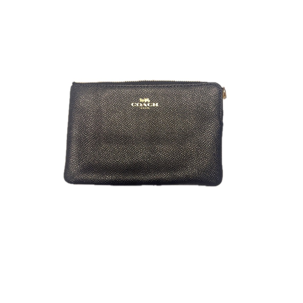 COACH Wristlet Black Metallic Leather Zip Card Holder Small Purse